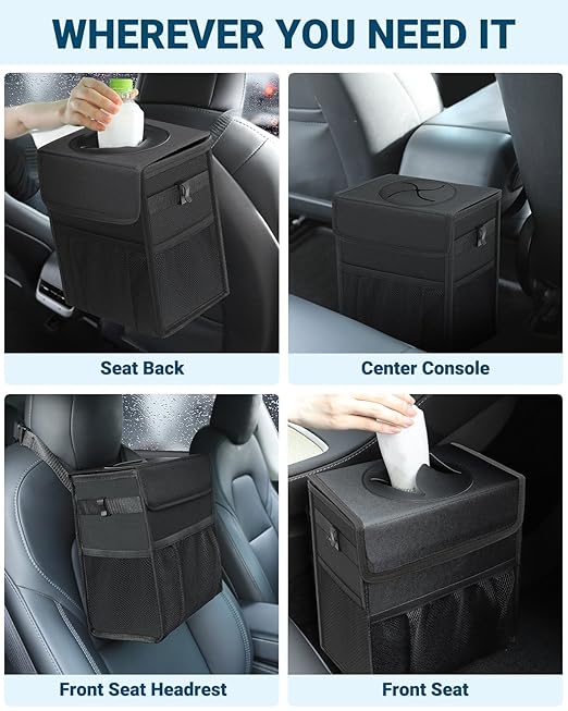 Car Trash Can with Lid, Leakproof Car Trash Bag Hanging Waterproof Automotive Garbage Can with Storage Pockets Mini Vehicle Trash Bin for Back/Front Seat(Black,4 Gallon)