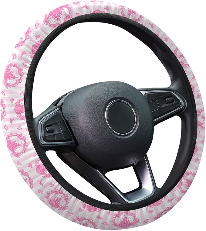 Pink Fairytale Castle Steering Wheel Cover, Polyester Car Wheel Grip, Universal 15 Inch for Cars SUVs Trucks