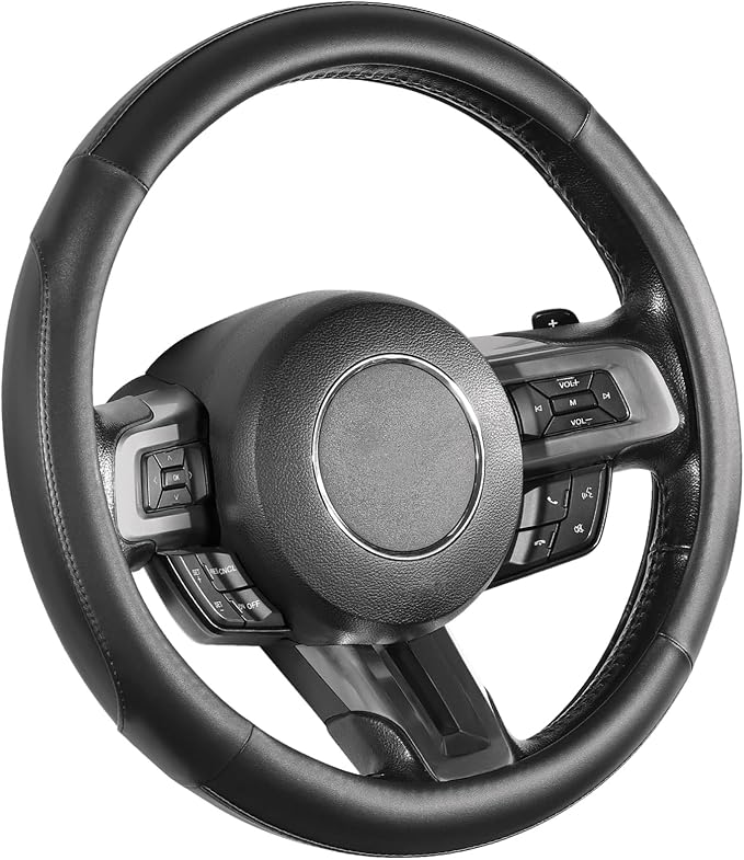 Car Steering Wheel Cover for Medium Standard Size Steering Wheels with 14 1/2-15 inches Outer Diameter, Black Microfiber Leather