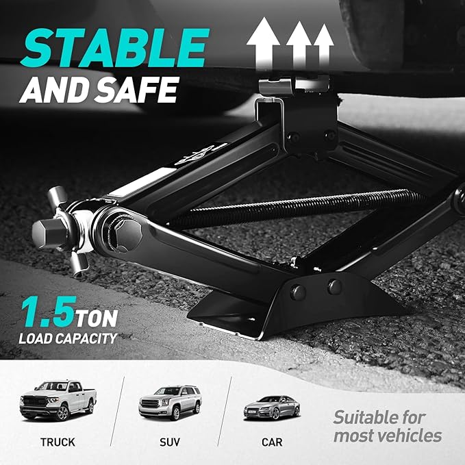 Scissor Jack for Car, 1.5 Ton (3,306 lbs) Scissor Lift Jack with Labor-Saving Ratchet Wrench for Most Cars, 4'' - 15.2'' Lifting Range, TOOLS-00282