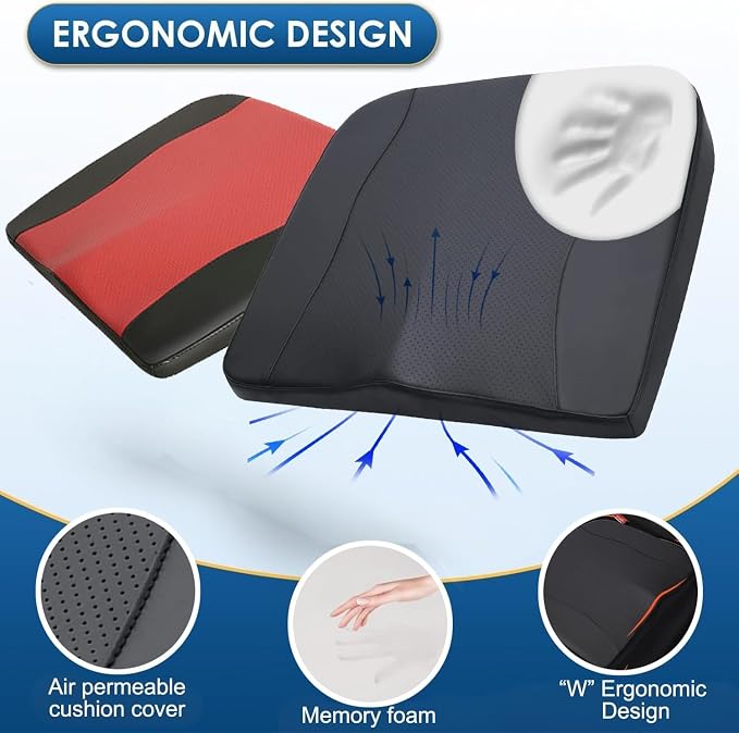 Comfort Memory Foam Car Seat Cushions For Driving,Red Booster Cushion Pad | Ergonomic Height Cushion, Sciatica & Lower Back Pain Relief Pillow, Comfort Seat Pad for Car Office Wheelchair Short People