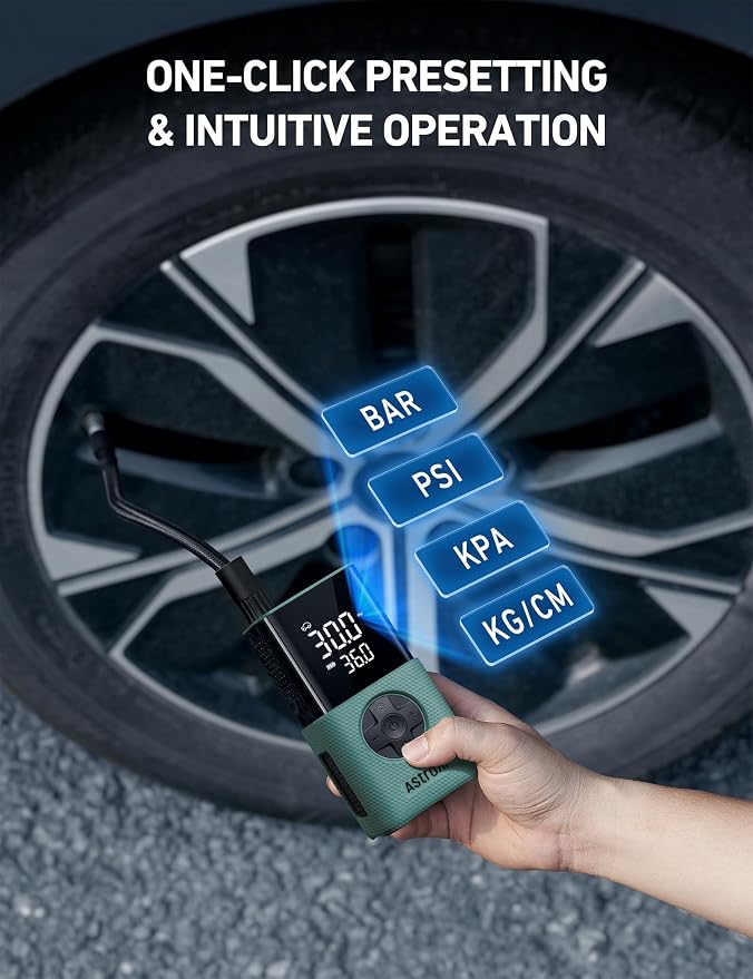 L7S Tire Inflator Portable Air Compressor Cordless with Digital Pressure Gauge, 150 PSI LED Light Bike Air Pump with Fast Inflation & Auto Shut-Off for Car Tires,Motorcycles,Bikes,Balls,Green