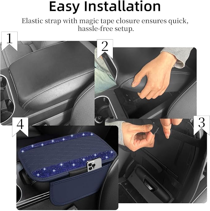Bling Blue Car Center Console Cover, Leather Car Arm Rest Cover with 2 Storage Bags, Universal Auto Armrest Protector Storage Box, Bling Accessories Interior for Most Vehicles