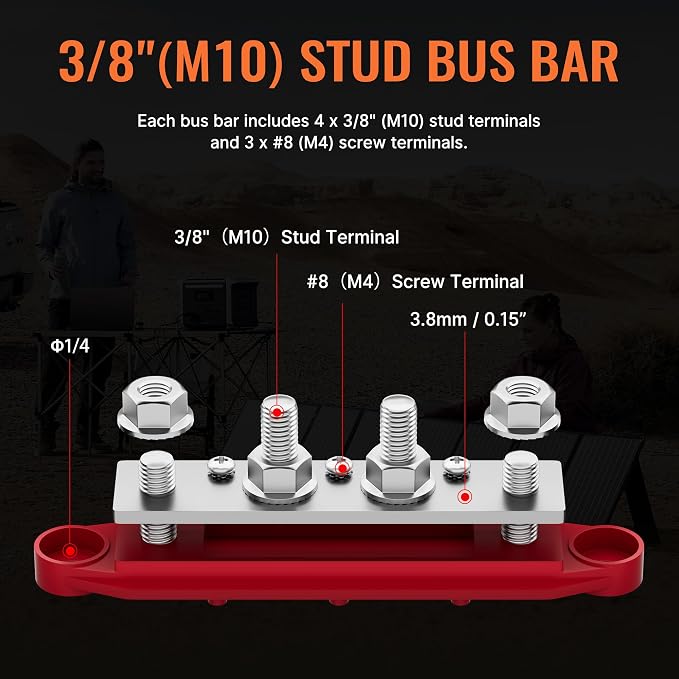 Bus Bar 12V 250A Power Distribution Block 4 x 3/8" Studs Marine Bus Bar 12 Volt Battery Busbar Terminal Block for Automotive, Car, Boat, Solar Wiring - Negative&Positive