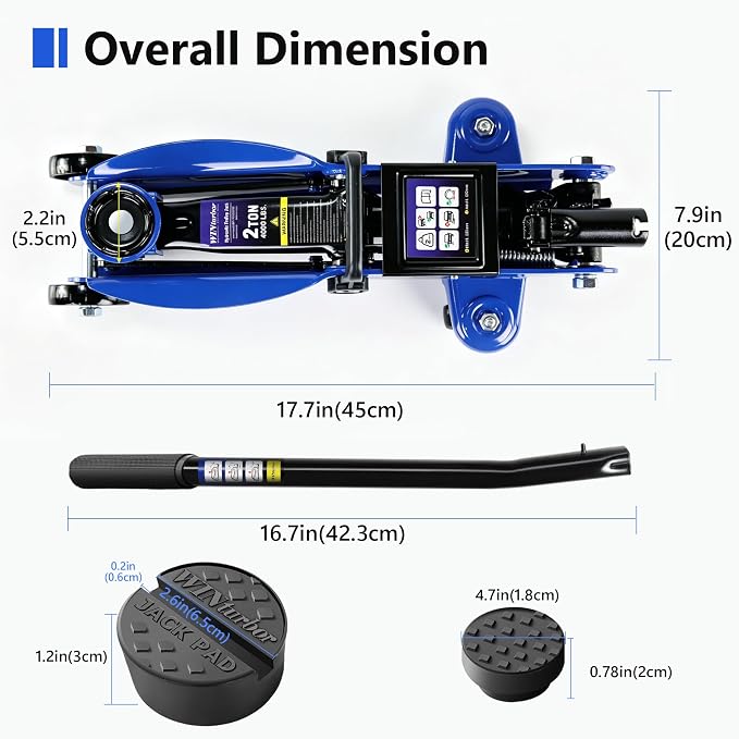2 Ton Low Profile Floor Jack, 4000 lbs, with 2 Pads & Bag – Blue | Steel floor jack, 5.3"-13" lift. Overload valve. Smooth casters. For garage, workshop & auto.