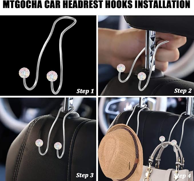 Bling Purse Hook for Car Headrest, Upgraded Cute Car Seat Hooks for Bag Handbag, Durable Stainless Auto Purse Hanger Holder 2 Pack, Colorful
