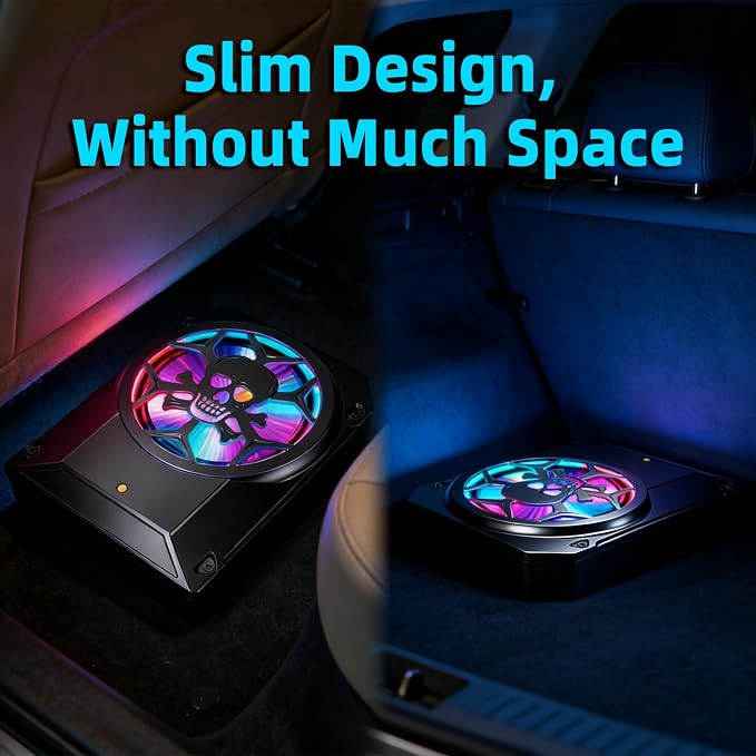 1600W Car Subwoofer, 10" Ultra-Thin Powered Under-Seat Sub with Built-in Amplifier, LPF/Gain/Bass Boost, Touch Control, Physical Switch Rhythm LED Ambient Light, Independent Bass Knob