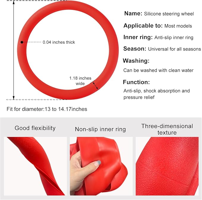 Car Steering Wheel Cover, 13 to 14.17 inches Anti-Slip Silicone Steering Wheel Protector, Soft Flexible Shock-Absorbent Steering Wheel Protective Cover for Most Car Models (Red)