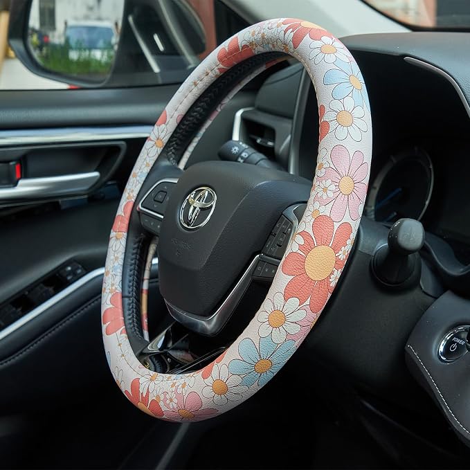 Retro Floral Daisy Colorful Flowers Car Leather Steering Wheel Cover - 15-inch Universal Microfiber- Soft & Breathable & Silicone Anti Slip Auto Steering Wheel Wrap for Women