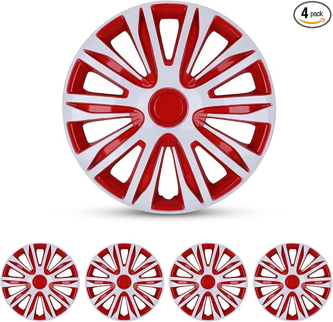 4-Pack 13 Inches Wheel Rim Cover Hubcaps,Redesign Fashion Style Replacement Hubcaps,Car Truck SUV Hub Accessories, White&Red