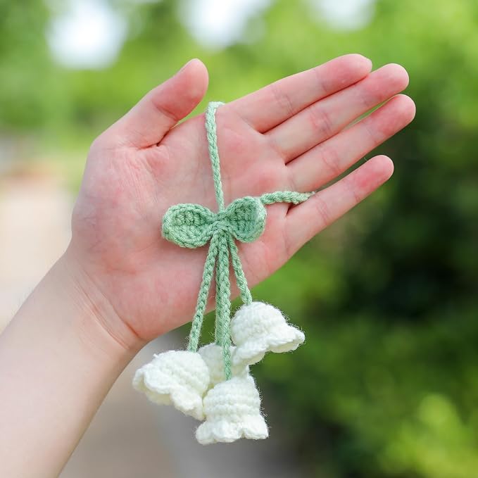 Lily Flower Handmade Knitted Car Mirror Hanging Accessories, Rear Riew Mirror Accessories Car Decorations for Women Men