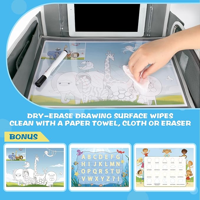 Kids Travel Tray for Boys or Girls, Travel Tray for Kids Car Seat with Tablet Holder, Dry Erase Board & Cooler Cup Holder, Road Trip Essentials Accessories for Car Trip, Airplane (2 Pack)