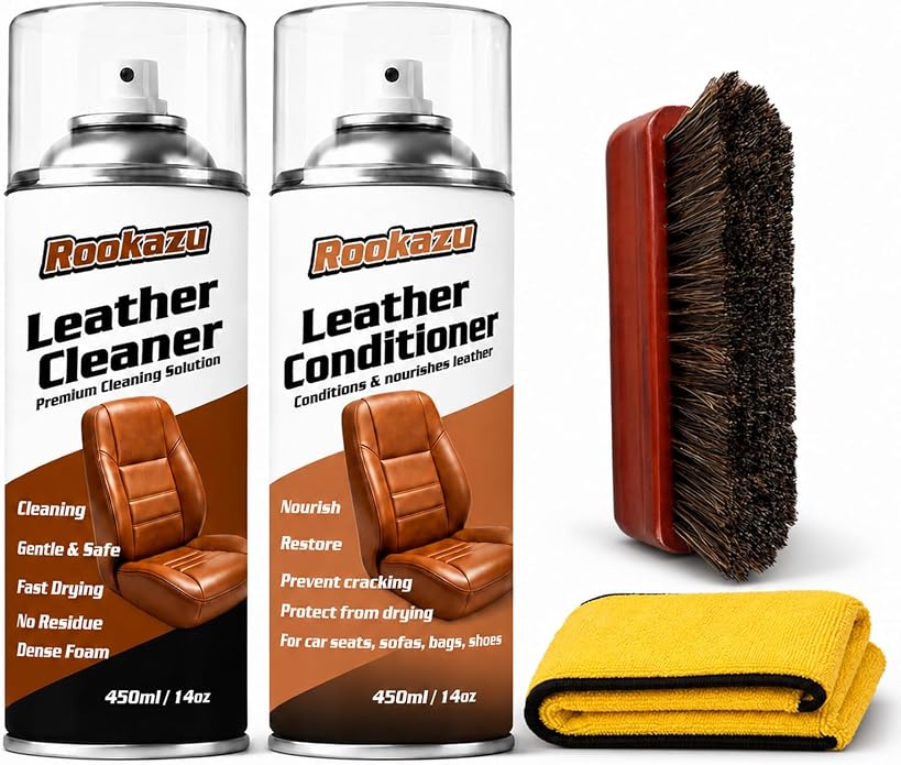 Leather Cleaner and Conditioner Kit, Car Leather Care Set with Horsehair Cleaning Brush, Deep Cleans, Conditions and Restores Car Interiors, Furniture, Shoes, Boots, Bags & Apparel