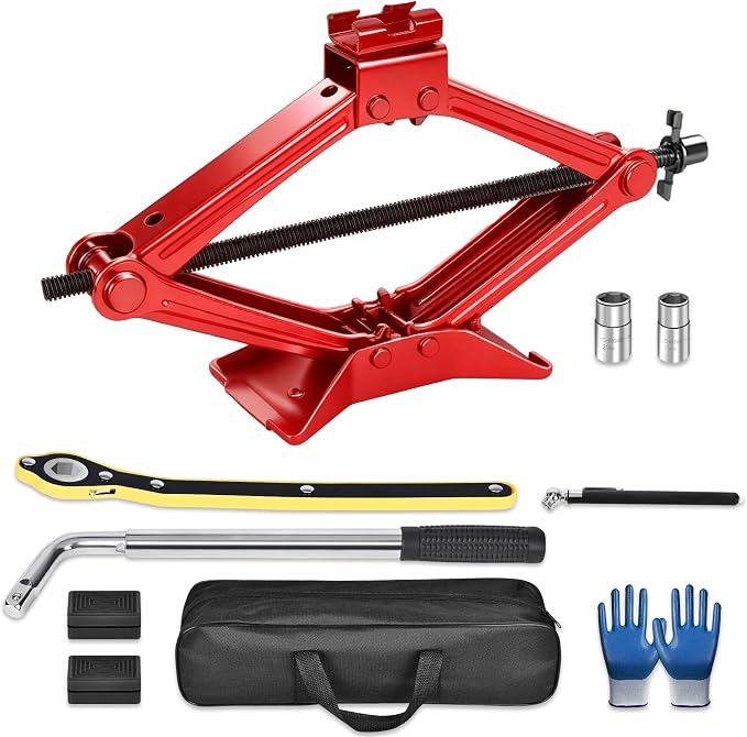 Scissor Jack, 2.5T(5512 Lbs), High-Strength Car Jack & Stand Kit with Rubber Pad, Tire Changing Kit with Ratchet Handle&Lug Wrench, Universal Vehicle Emergency Set for Various Models Red