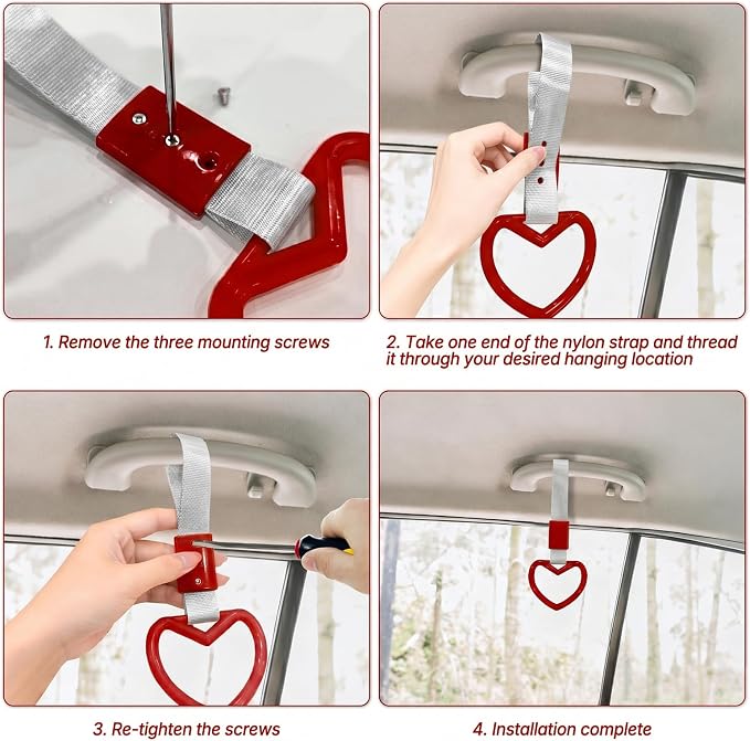2 Pcs Heart Shaped Car Handle Strap – JD M Drift Charm Rear Bumper Warning Ring Decor for Car Interior Exterior, Subway Bus Handle Accessory, Cute Heart Car Decor Gift for Drivers (Red-Silver)