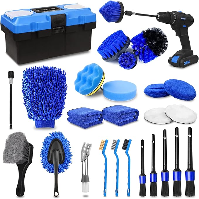 27Pcs Car Detailing Kit, Car Cleaning Kit, Car Detailing Brush Set, Drill Brush Set, Car Detailing Brushes, Car Wash Kit, Car Accessories, Car Cleaning Supplies for Interior, Exterior, Wheels