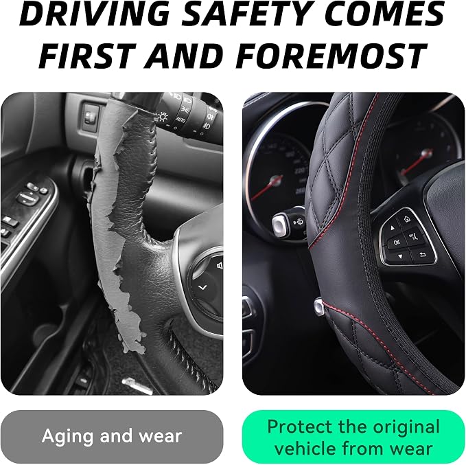 15 Inch Car Leather Steering Wheel Cover, Automotive Accessories Elastic Breathable Anti-Slip Soft Wheel Protector Fits Men and Women, Suitable for SUVs, Trucks, Vehicles and RVs (Black)