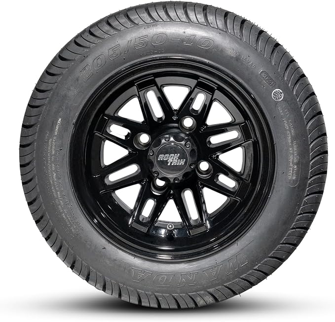 10 inch Golf Cart Wheel Tire Combo Kit, RT103 Gloss Black 10x7 Rim 205/50-10 Low Profile Tire, No Lift Kit Required, Fits Club Car Precedent EZGO TXT RXV Yamaha G1-G29, One Single