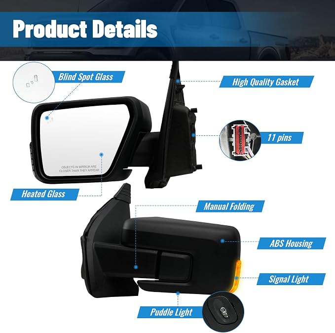 Driver's Side Mirror for Ford F150 2021 2022 2023 2024, Left LH Heated Mirror Assembly with Blind Spot Detection, Turn Signal Light and Puddle Light - OEM Style