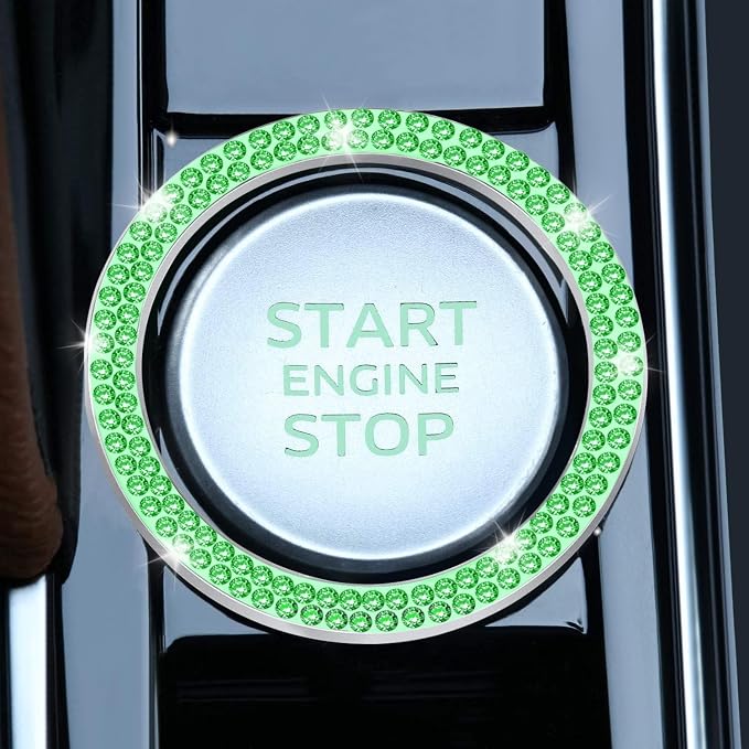 2 PCS Crystal Double Rhinestone Car Engine Start Stop Decoration Ring, Bling Car Interior Accessories for Women, Push to Start Button Cover Sticker, Automotive Decals, Light Green