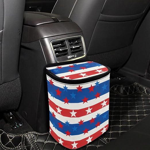 American Flag Star Print Car Trash Can with Lid, 4th of July Leak Proof Auto Trash Bag Hanging Vehicle Garbage Can Multipurpose Storage Container for Back Seat Road Trip