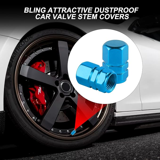 Aluminum Tire Stem Valve Caps Wheel Valve Covers Car Dustproof Tire Cap Cover Accessories, Universal for SUV, Car, Bike and Motorcycle，Hexagon Shape (4PCS Light Blue)