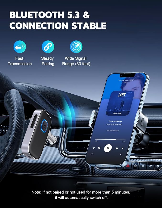 Bluetooth Receiver for Car, Noise Cancelling 3.5mm AUX Bluetooth Car Adapter, Wireless Audio Receiver for Home Stereo/Wired Headphones, Hands-Free Call, 16H Battery Life - Black+Silver
