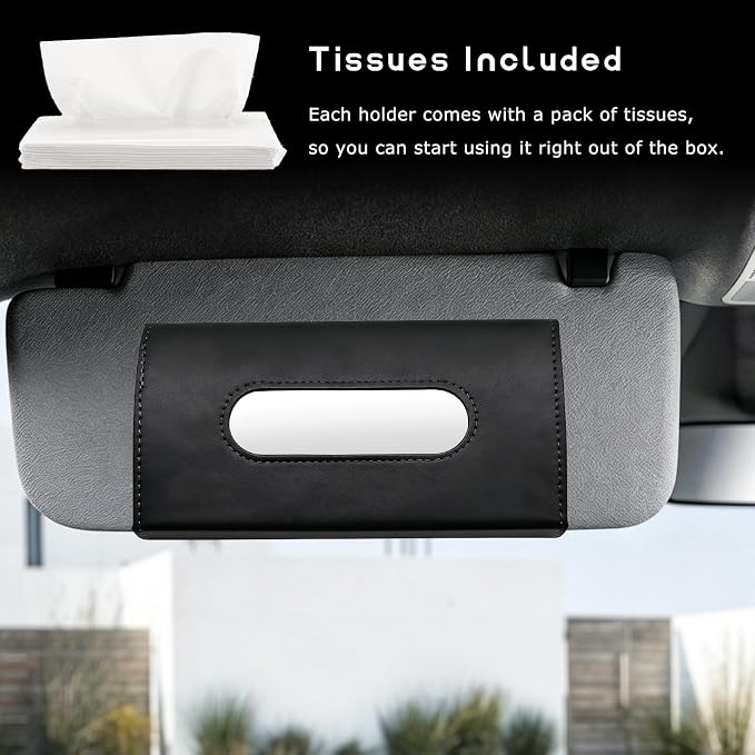 Car Tissue Holder, Auto Sun Visor Napkin Holder Hanging Paper Towel Dispenser with Tissue Refill, Premium Leather Napkin Case Mask Organizer for Backseat & Visor, Car Accessories (Black)
