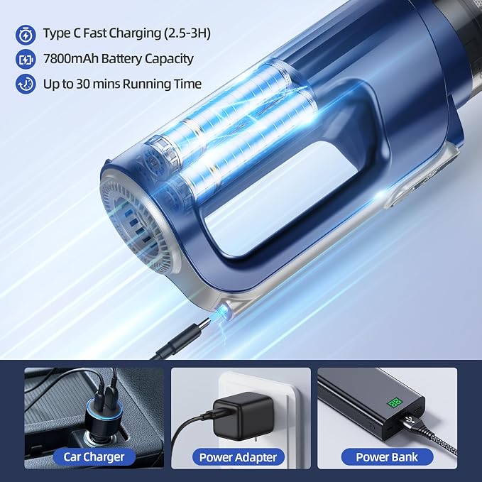 Car Vacuum Cleaner High Power, 18000Pa 2 in 1 Vacuum Cleaner&Air Duster, 130W Brushless Motor Handheld Vacuum Cordless with 7800mAh Battery, LED Light, Multi-Nozzles for Car, Home, Office, Pet
