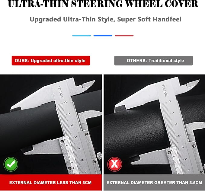 Thin Slim Car Steering Wheel Cover, Universal 14.5-15 inch Nappa Leather Steering Wheel Cover, Ultra Thin, Anti-Slip, Breathable(Black-Standard Size)