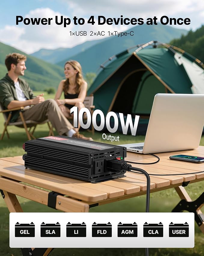 1000W Power Inverter, 12V DC to 120V AC Modified Sine Wave Inverter, Car Charger Converter with USB & Type-C Port, 2 AC Outlets, LED Indicator Light, Ideal for RV, Truck Outdoor Camping