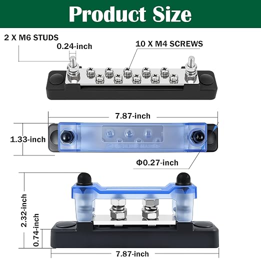 M6 Marine Buss Bars 12V Waterproof Battery Distribution Block 150A Power Terminal Block with 2 x M6 Posts,10 x M4 Terminal Screws, Negative Ground Bar for RV, Solar Wiring