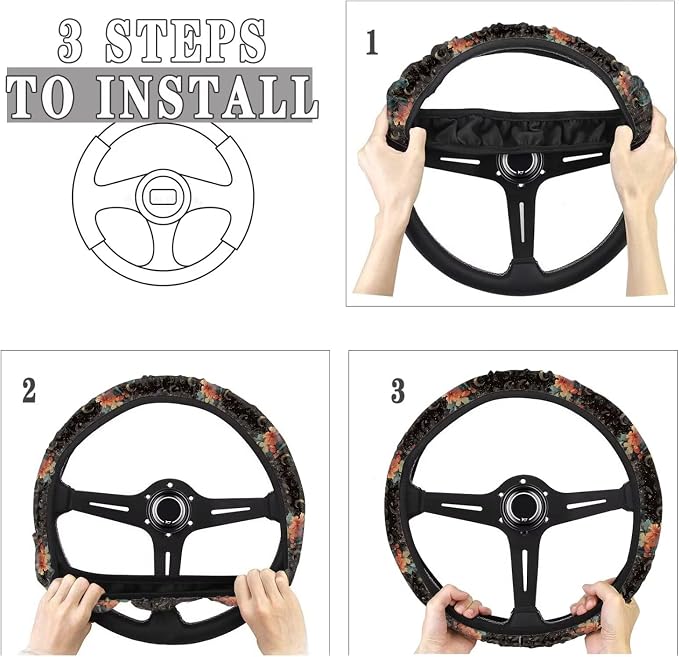 Steering Wheel Cover Vintage Horse Hibiscus Flower Pattern Full Surround Auto Steering Wheel Protector with a Diameter of 15" Steering Wheels Accessories for Car SUV Van Truck