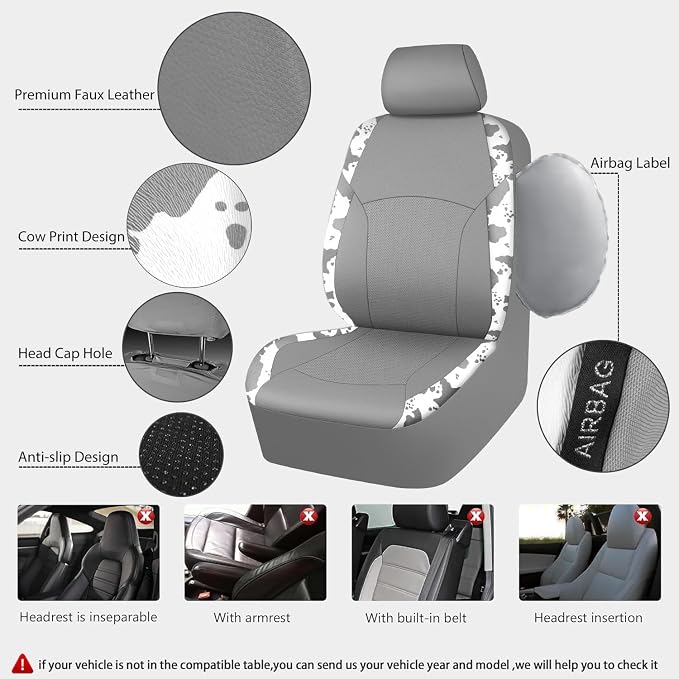 Cow Print Faux Leather Car Seat Covers & Cow Car Mats & Cow Steering Wheel Cover Seat Belt Pads Universal fit for SUV,Van,Saden,Truck Cute Car Accessories Automobile Interior Sets All Gray