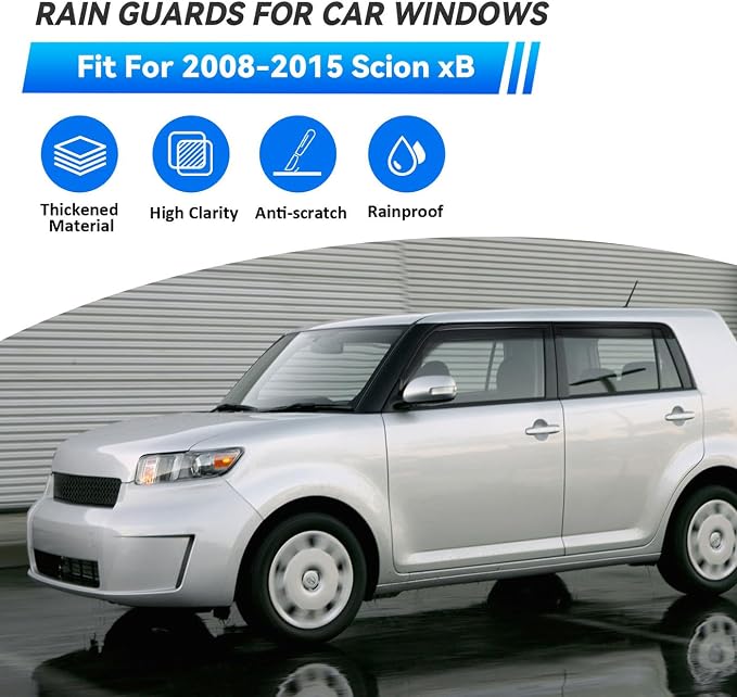 4pcs Smoke Tint Sun Rain Guard Vent Window Visors Compatible with 2008-2015 Scion xB, Outside Mount Tape On Style Acrylic Set of 4 Front+Rear