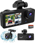 3 Channel Dash Camera for Cars, 4K+1080P Full HD Dashboard Camera, Dash Cam Front and Rear Inside with 32GB SD Card,2.0 inch IPS Screen, IR Night Vision,G-Sensor,Loop Recording,24H Parking Monitor
