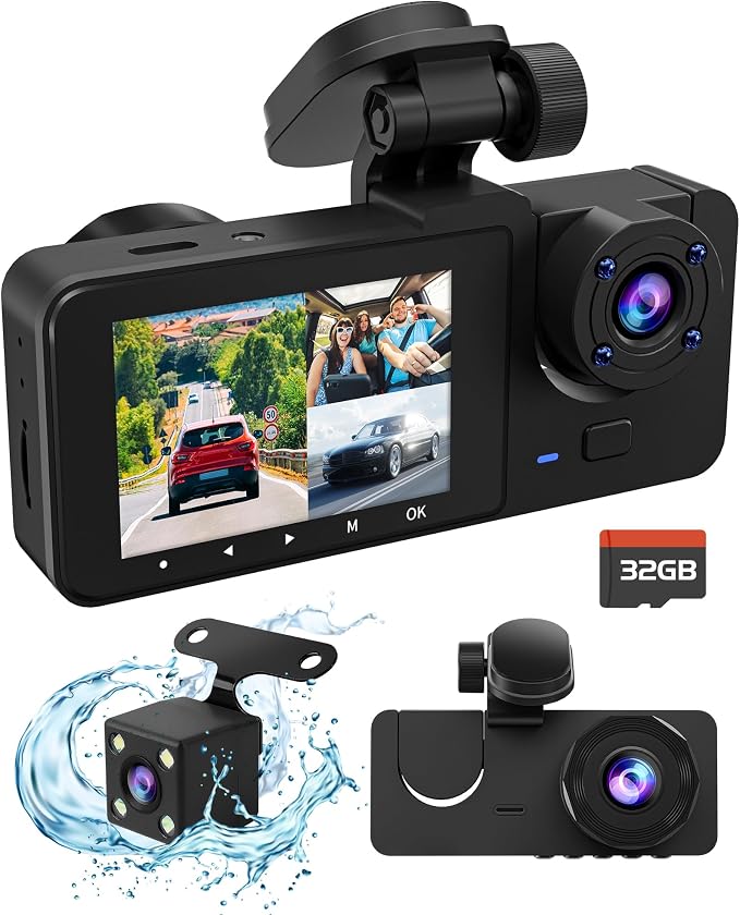 3 Channel Dash Camera for Cars, 4K+1080P Full HD Dashboard Camera, Dash Cam Front and Rear Inside with 32GB SD Card,2.0 inch IPS Screen, IR Night Vision,G-Sensor,Loop Recording,24H Parking Monitor
