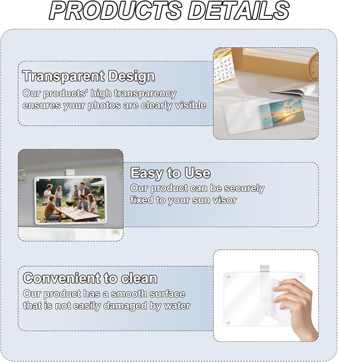 2Pcs Car Sun Visor Photo Folder, Meaningful Car Accessories for Women Acrylic Magnetic Visor Photo Clip for 3" & 4" Photos, Holiday Gifts Suitable for Gifting to Family & Friends