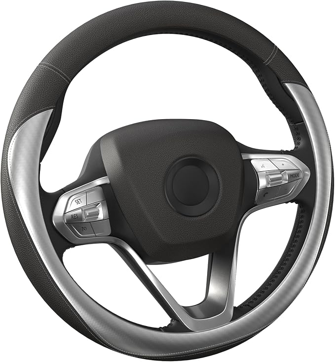 Car Steering Wheel Cover - Universal Car Accessory for Diverse Cars, Durable Leather Cover with Anti-Slip Lining, for Steering Wheel with a Diameter of 14.5"-15", Carbon Gray