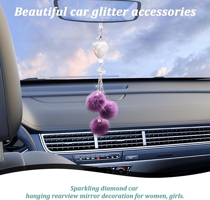 Bling Diamond Heart Car Interior Accessories, Car Mirror Hanging Ornament for Women, Love Heart & Pink Plush Ball Decor Ornament Pendant (Eggplant Purple)