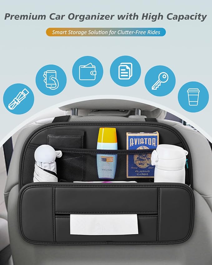 Hanging Car Backseat Organizer, 5-in-1 Premium Leather Headrest Seat Back Storage with Cup Holder, Foldable Hanging Car Tissue Holder 2 Pack