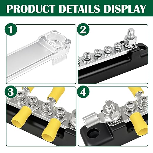 150A Power Distribution Block with Cover + Ring Terminals, Auto Bus Bar 12V Marine Waterproof for RV, Boat Ground Negative Buss Bar Kit -2 x M6 Post + 6 x M4 Screws