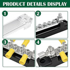 150A Power Distribution Block with Cover + Ring Terminals, Auto Bus Bar 12V Marine Waterproof for RV, Boat Ground Negative Buss Bar Kit -2 x M6 Post + 6 x M4 Screws