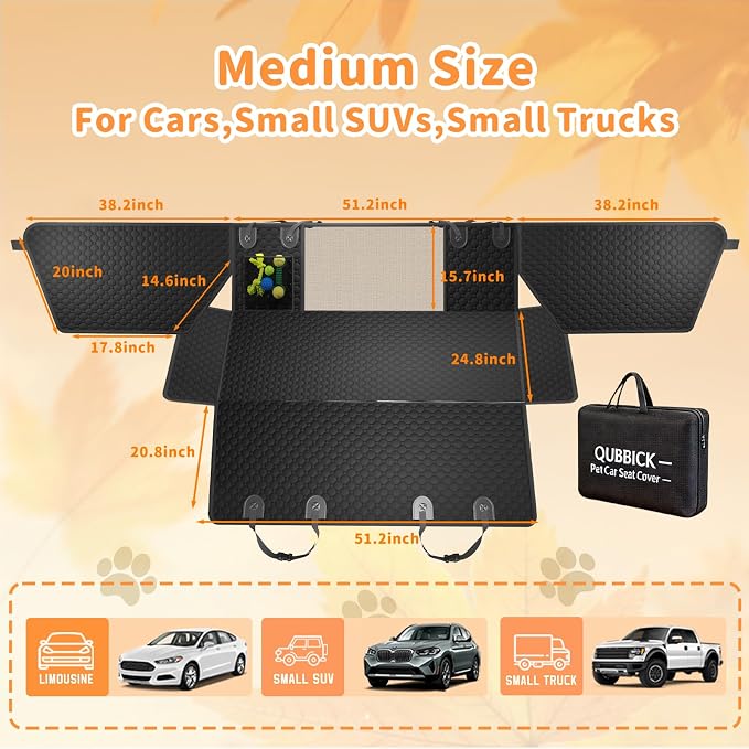 Dog Car Seat Cover for Back Seat,Waterproof Oxford cloth Hard Bottom Car Seat Cover for Dogs,Non-slip Backseat Dog Cover with Upgraded Door Protection Flap 52×25in,Dog Hammock for Car SUV Small Trucks