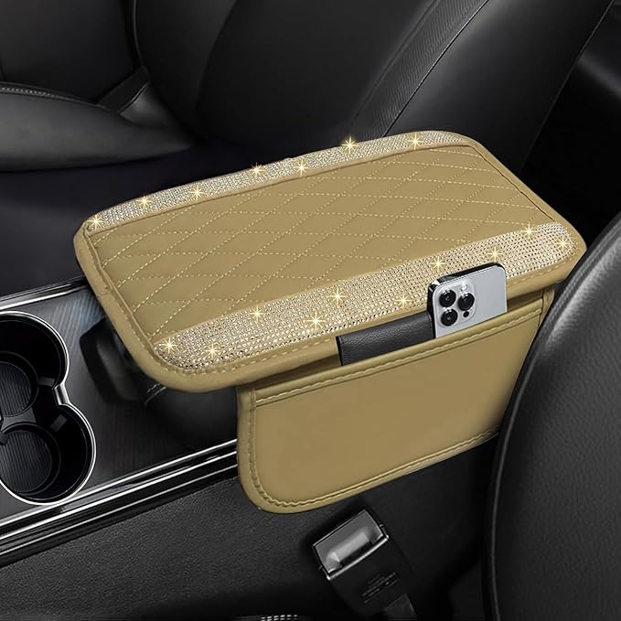 Bling Beige Car Center Console Cover, Leather Car Arm Rest Cover with 2 Storage Bags, Universal Auto Armrest Protector Storage Box, Bling Accessories Interior for Most Vehicles