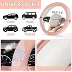 6 PCS Nappa Microfiber Leather Pink Steering Wheel Cover Set, Breathable Fabric Steering Wheel Cover 14.5-15inch Universal, Car Center Console Cover, Seat Belt Cushion, Cup Holder Coaster