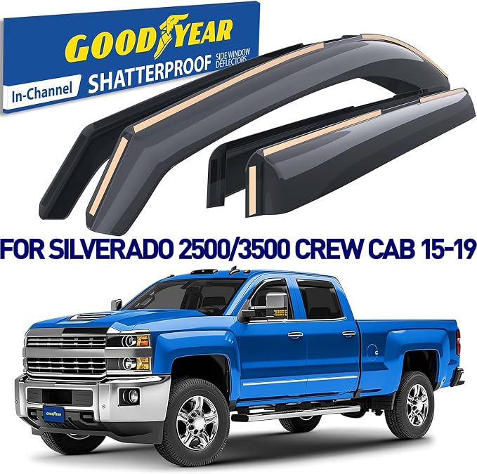 Goodyear Shatterproof Window Deflectors for GMC Sierra 2500HD/3500HD 2015-2019 Crew Cab, Tape-on Rain Guards, Window Visors, Vent Deflector, Vent Visor, Truck Accessories, 4pcs-GY007720