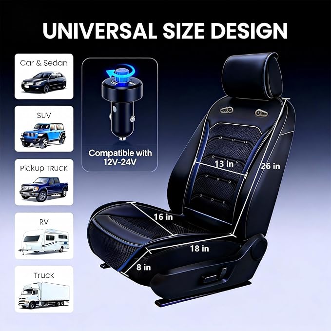 Upgraded Cooling Car Seat Cover with 3-Second Fast Cooling, Cooling Seat Covers for Cars, Cooling Car Seat Cushion, 12V–24V for Car SUV Truck RV, Best Gift for Drivers (Black)