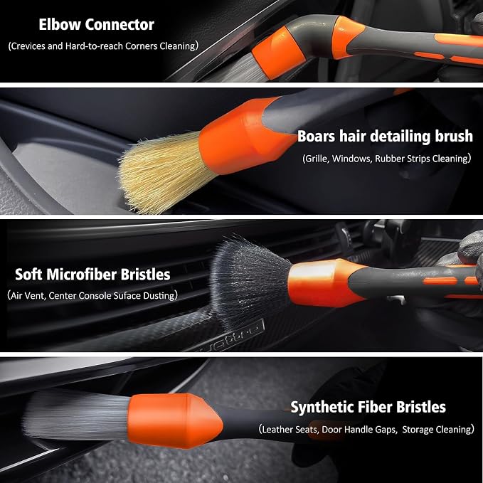 7PCS Car Interior Detailing Kit, Horse Hair Car Leather Brush, Applicator Pads and Microfiber Cloth for Car Interior & Seats Leather, Interior Car Cleaning Kit, Orange