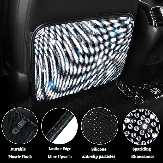 Bling Rhinestone Kick Mats Back Seat Protectors - Premium Car Seat Back Protector with Crystal Diamonds, Fits Most Cars - Stylish Car Interior Decor Accessories for Women & Girls White 2Pcs